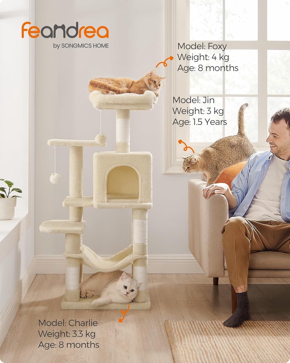 Feandrea kattenboom, 112 cm kattentoren voor binnenkatten, meerlaags pluchen kattenflat met 4 krabpalen, 2 zitstokken, grot, hangmat, pompons, beige PCT261M01
