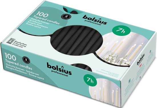 Verpakking met 100 zwarte Bolsius Professional puntkaarsen.