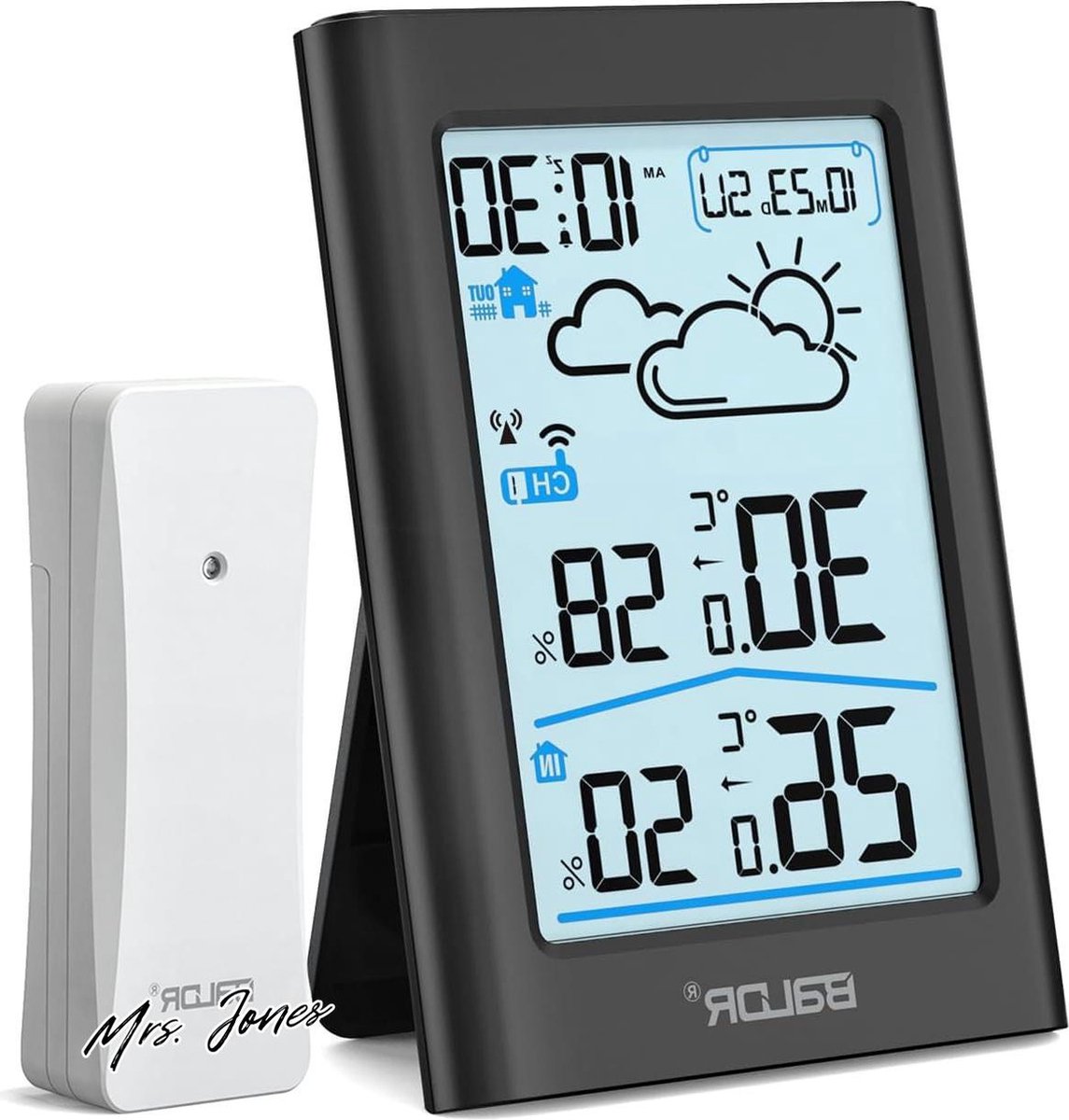 Mrs. Jones Draadloos weerstation buitensensor digitale DCF-radioklok thermometer binnen buiten temperatuurweergave radio kamerthermometer hygrometer weersvoorspelling tijdweergave wekker 89 .