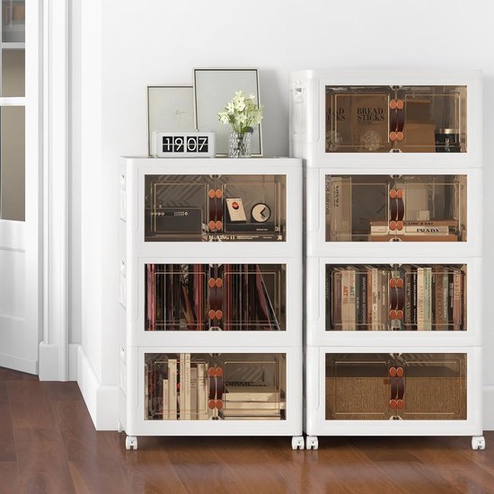 COSTWAY Opvouwbare opbergbox met deksel, 75 L opbergboxen, set van 3 kunststofboxen stapelbaar, opbergcontainer met wielen & deuren, stapelboxen kunststof, 44,5x30x77,5cm, Wit