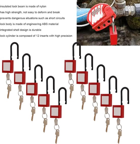 Lockout-Tagout Vorhängeschloss 38 Mm – 10 Sets Mit Schlüsseln, Rot, Aus PA-Nylon Für Elektrische Sicherheit
