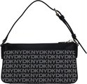 Zwarte DKNY tas met repetitief DKNY logo in grijs en goudkleurige hardware.