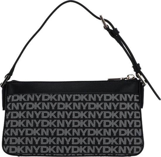 Zwarte DKNY tas met repetitief DKNY logo in grijs en goudkleurige hardware.