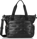Zwarte Hedgren shopper met gewatteerd voorvak, hengsels en schouderband.