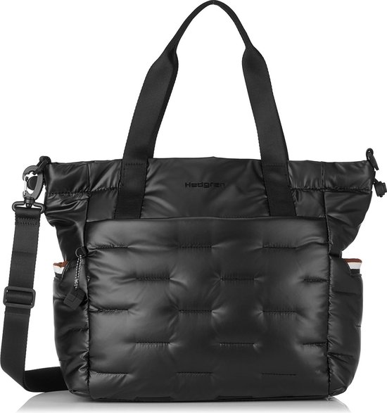 Zwarte Hedgren shopper met gewatteerd voorvak, hengsels en schouderband.