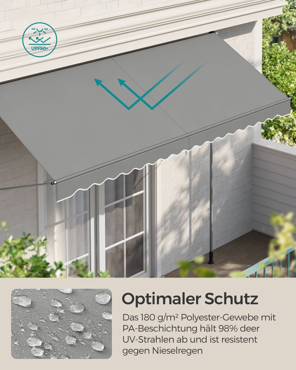 SWANEW Luifel, klemluifel met handslinger, voor balkon, balkonluifel zonder boren, uv-bestendig 50 , in hoogte verstelbaar, waterafstotend, zonwering, eenvoudige montage, 200 x 120 x 200-300 cm