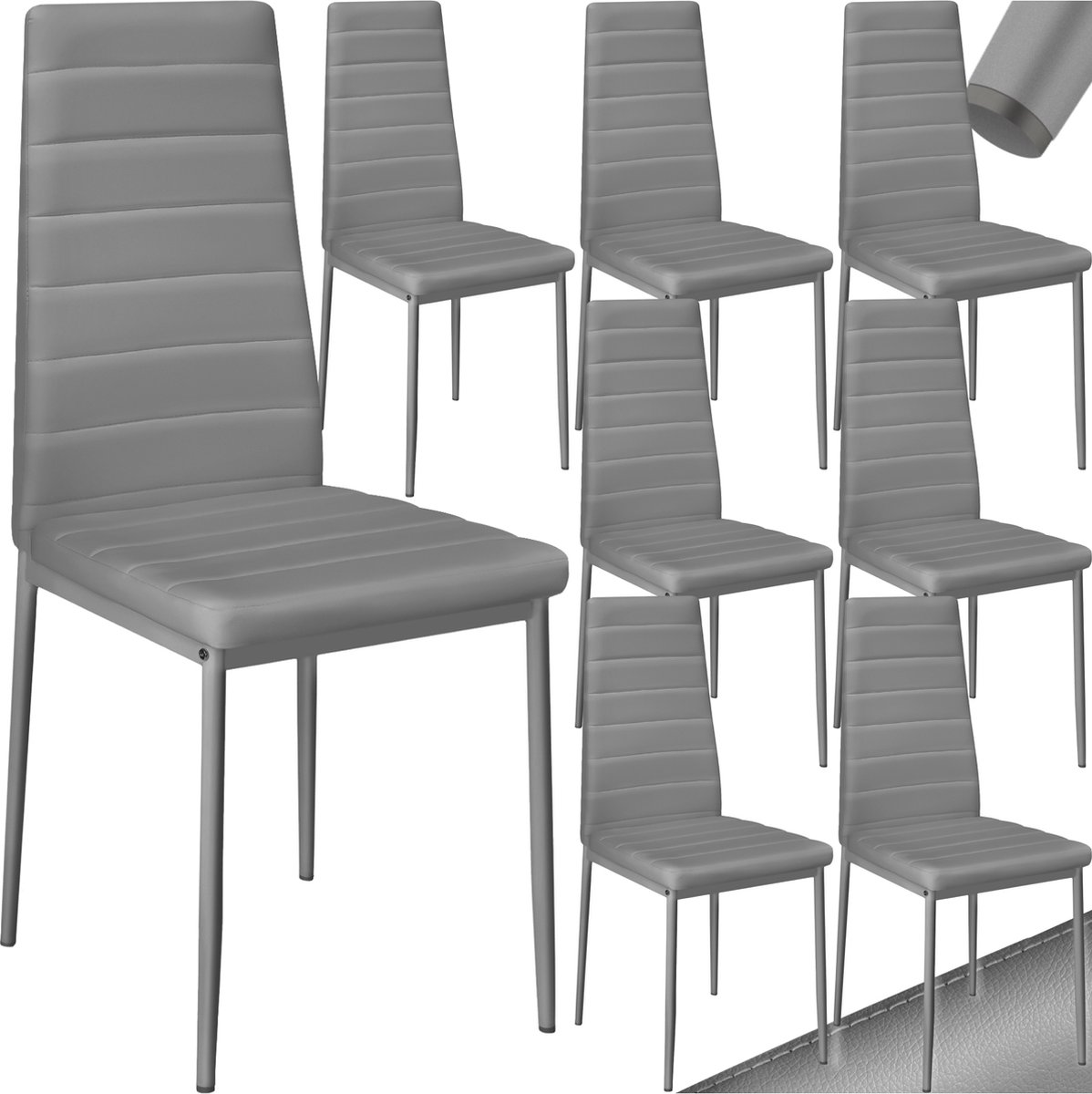 Tectake Set van eetkamerstoelen - Kunstleren stoelen met hoge rugleuning - Minimalistische, elegante stoel - Gering gewicht en eenvoudige montage - Afmetingen (LxBxH) 45 x 48 x 98,5 cm - Belastbaar tot 150 kg - Set van 8 - Grijs