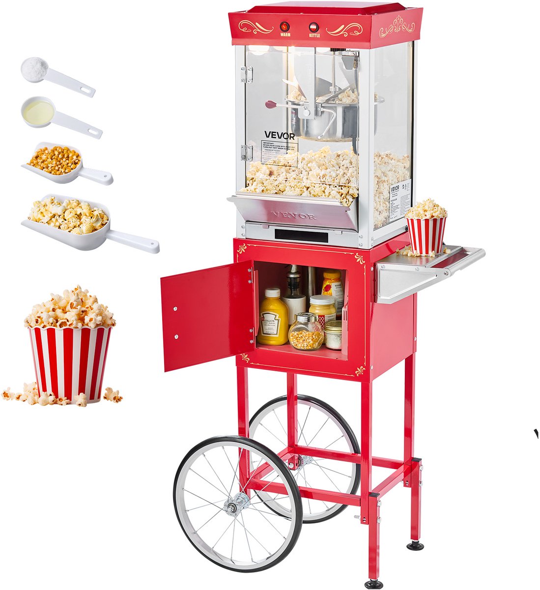 VEVOR Popcornmachine Popcornmaker met Kar 800W 48 Kopjes Lading Rood