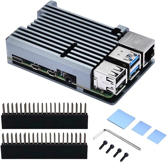 Aluminium Behuizing voor Raspberry Pi 4B - Passieve Koeling zonder Ventilator - Geschikt voor 1GB/2GB/4GB/8GB - Met Heatsink en GPIO Verlengconnectoren - Open Design voor WiFi/Blue