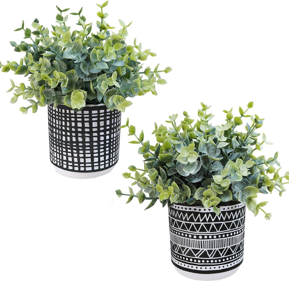 Set van 2 Kunstmatige Eucalyptusplanten in Zwarte Geometrische Keramische Potten – 18 cm –