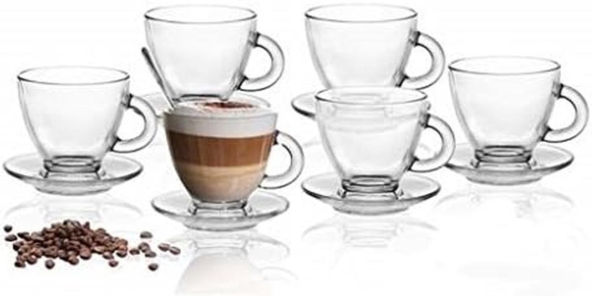 12-delig glazen espressoservies - 6 kopjes met schoteltjes - doorzicht glas - vaatwasmachinebestendig