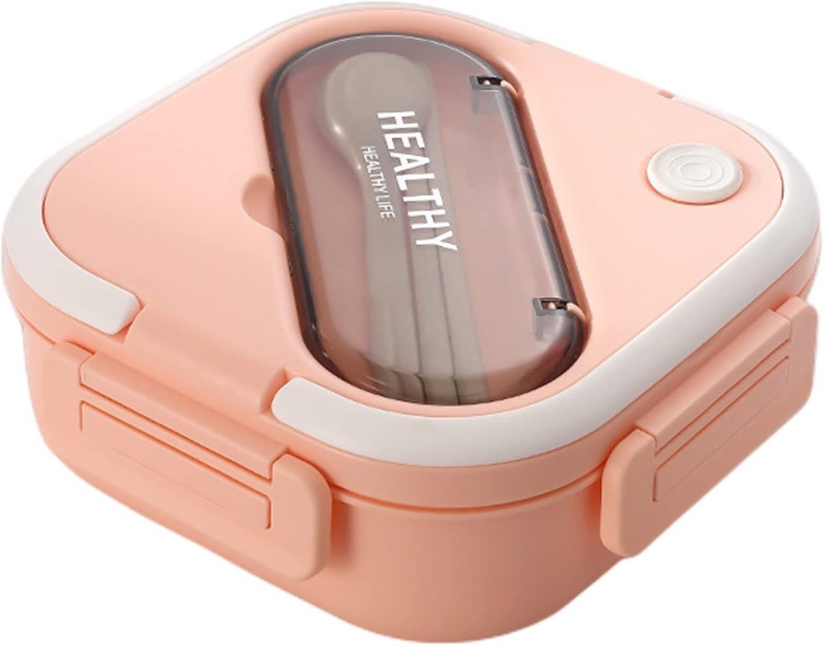 Lekvrije Bento Box met Compartimenten - Draagbare Lunchtrommel met Bestek voor Werk, School en Picknick - Magnetron & Vriezerbestendig - Roze Vierkant