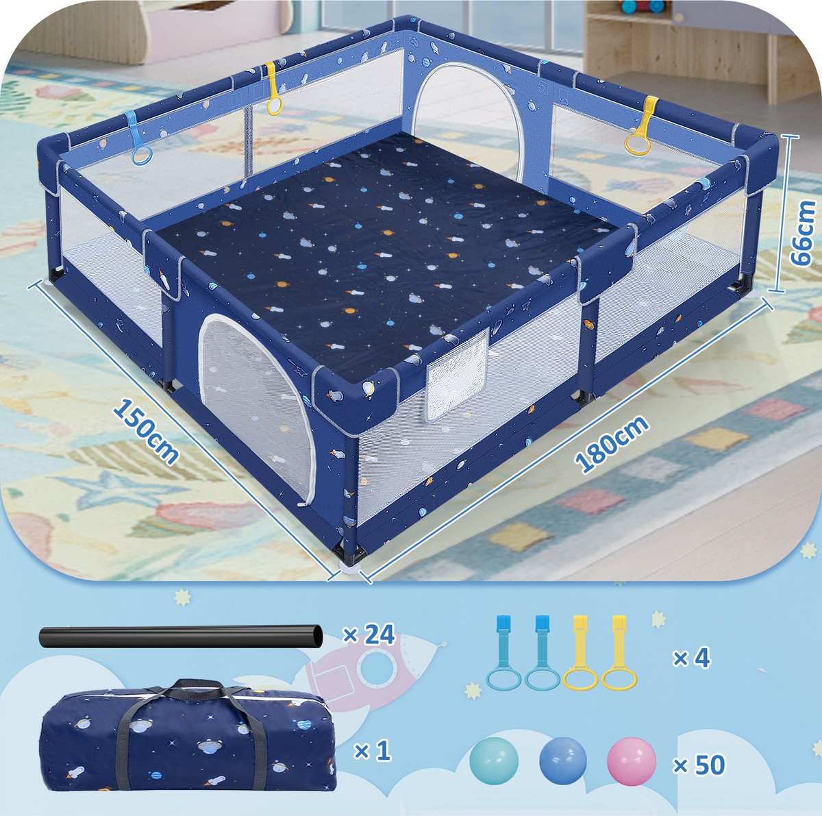 Froadp Box Baby Box Opvouwbaar activiteitencentrum Veiligheidshekje Antisliphekje Veilige speelplaats Hekje met bal 150x180x66 cm, blauw (Universum Tour) – foto 2