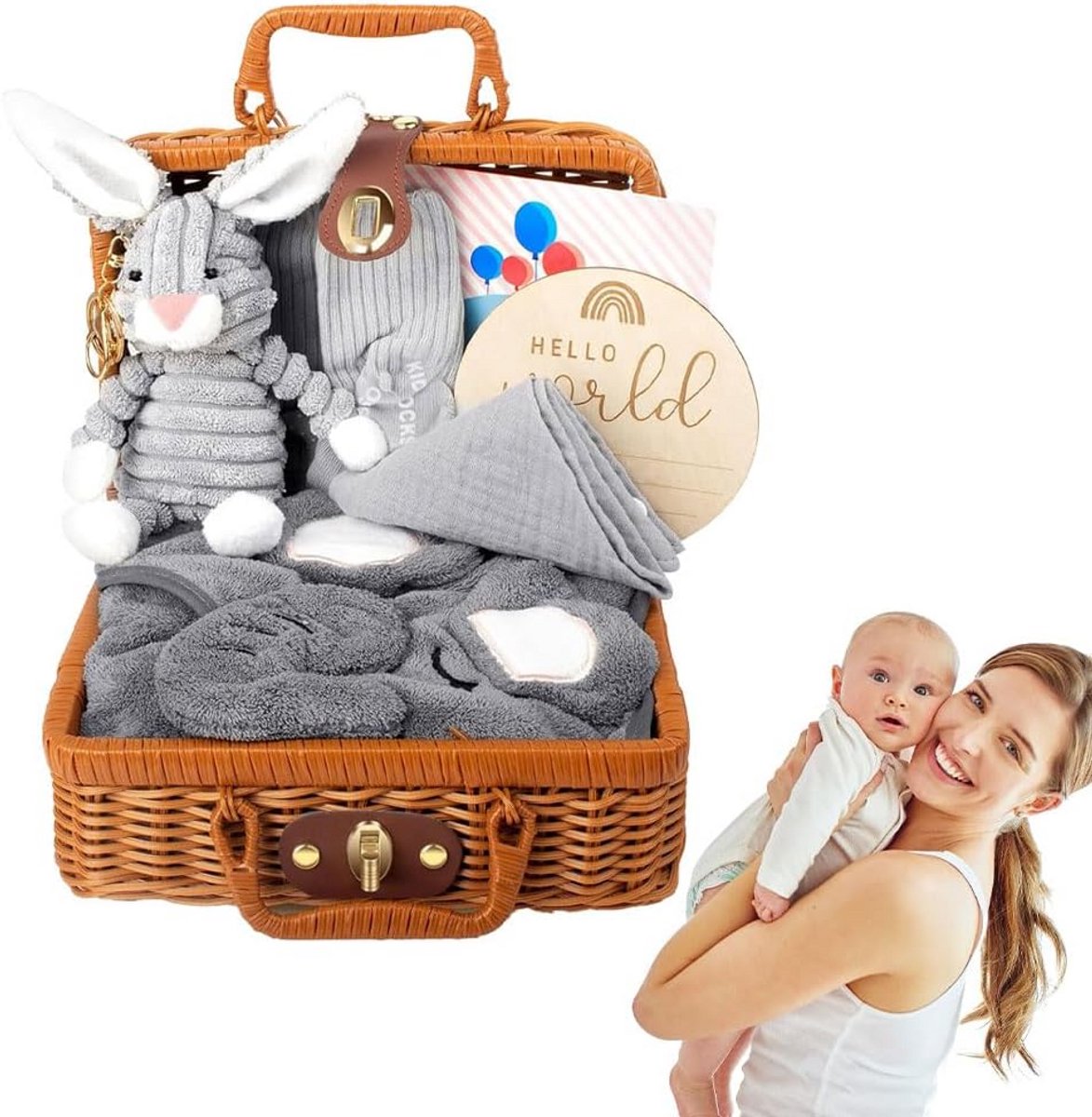 Babylint, pluche dier, badhanddoek, sokken, geboorte- en wenskaarten