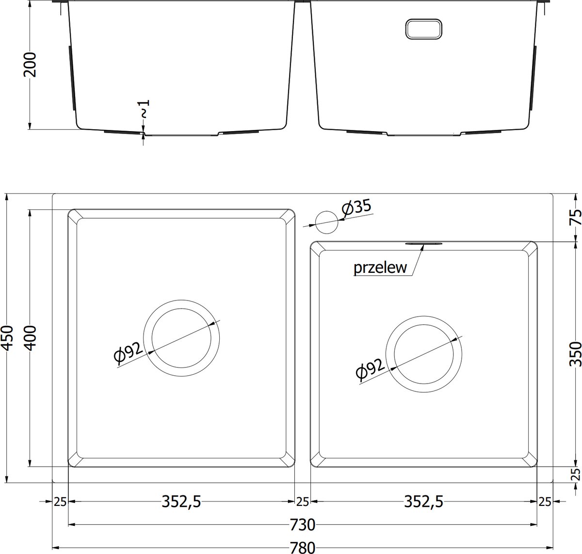 Mexen Xorin roestvrijstalen spoelbak met 2 kamers 780 x 450 , koper - 6441782000-65