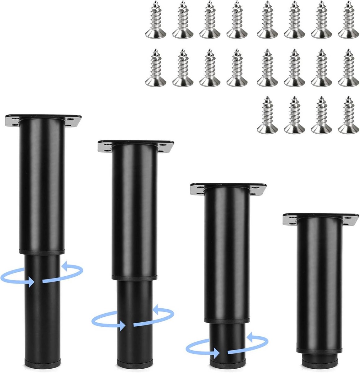 4 stuks Verstelbare Metalen Meubelpoten Zwart - In Hoogte Verstelbaar (12-18 cm) Inclusief Schroeven - Steunpoten voor Kast, Bed en DIY Projecten