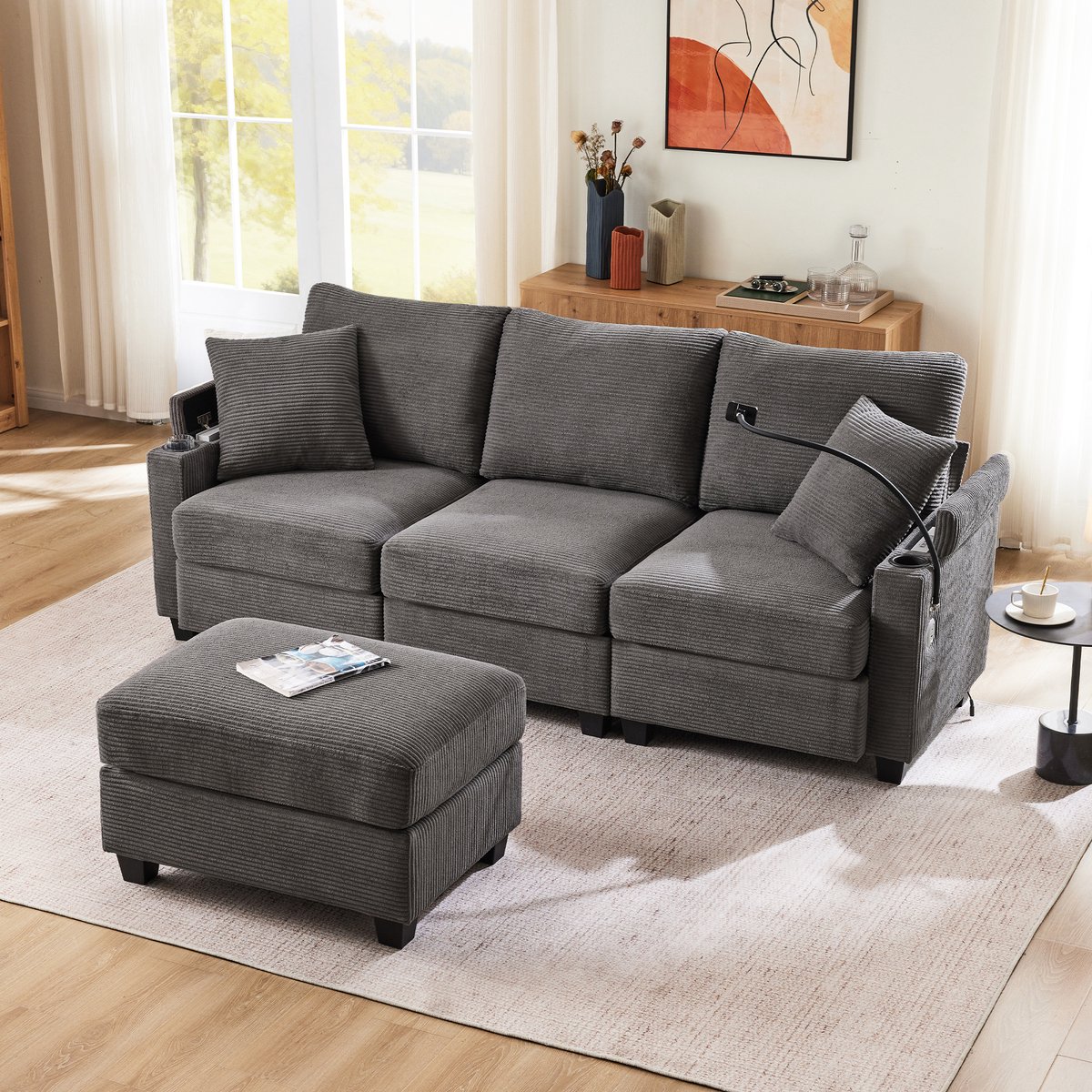 MIVRAY Hoekbank – Compact Design Met Usb Aansluiting, Bekerhouder En Opbergarmleuning – Voor Woonkamer Of Kantoor – Cord Donkergrijs