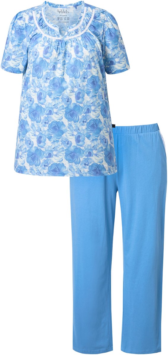 Ulla Popken Dames - Pyjama rozen kant ronde hals korte mouwen - Hemelsblauw - Maat 58+