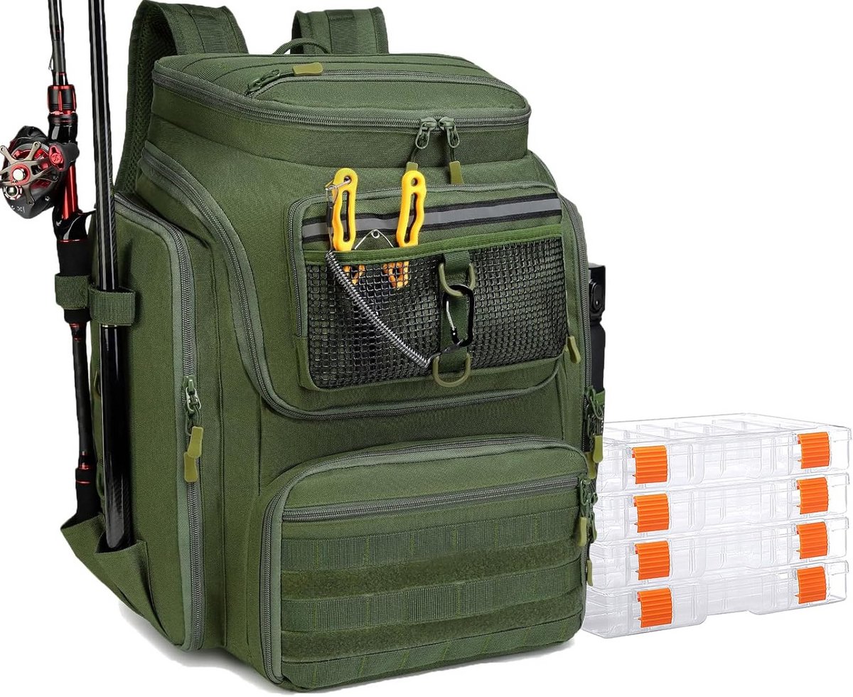 Grote Waterafstotende Visrugzak (45L) met Hengelhouders en 4 Opbergboxen - Voor Vissen, Wandelen & Kamperen
