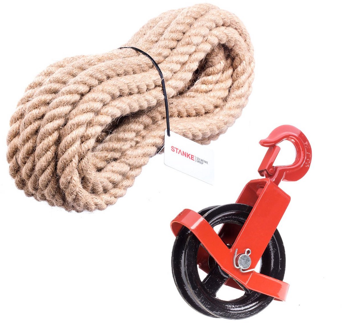 Robuuste Katrol met Haak en 25m Jute Touw - 20mm Dikte - Lier Kabelrol