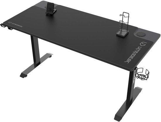 Gamingtafel met groot werkblad, XXL muismat, telefoonhouder en bekerhouder - Stalen constructie, 130 kg laadvermogen - Zwart, 152,5x70 cm — afbeelding 3