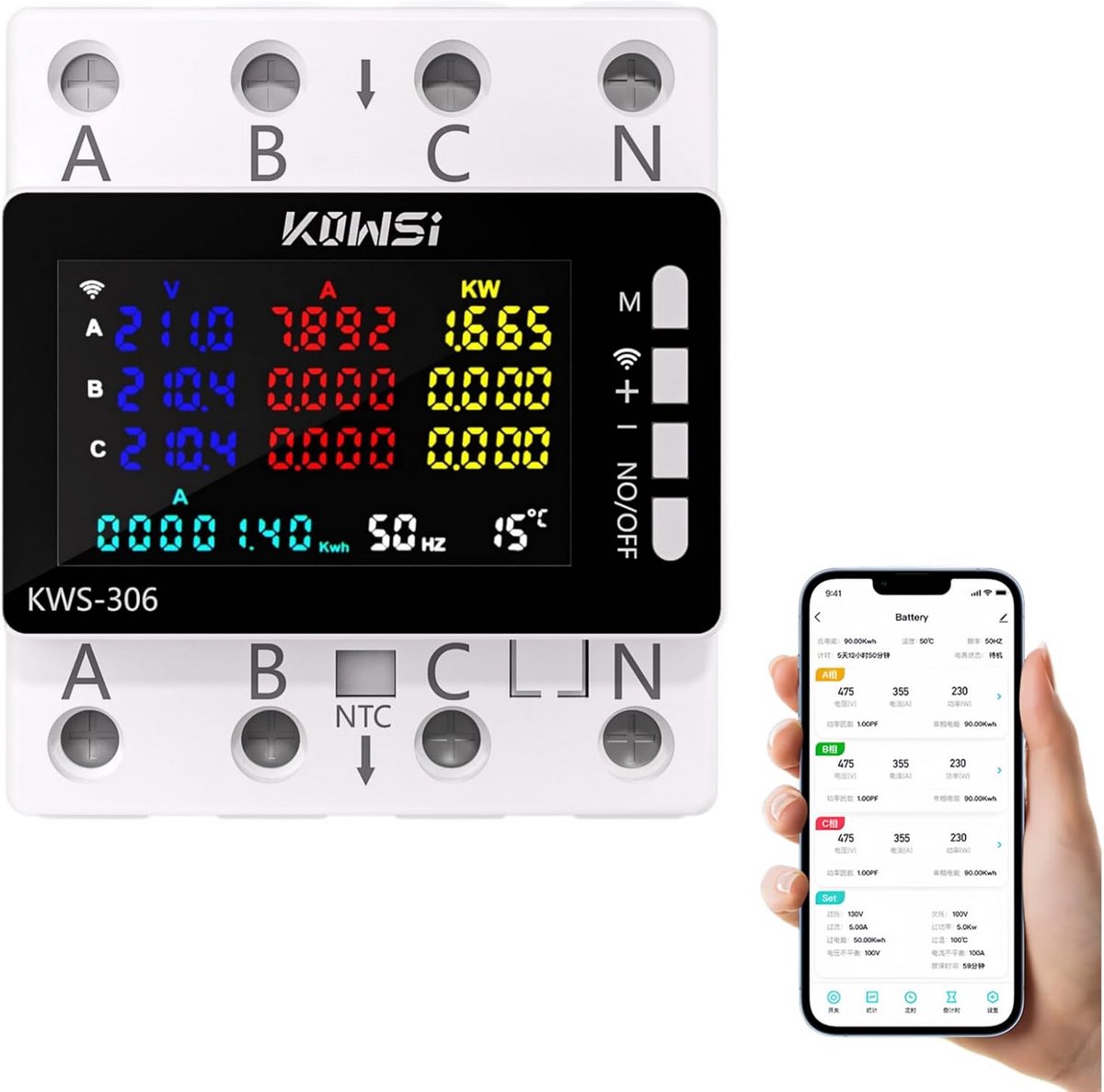 Digitale 3-Fasen Stroommeter met LCD en WiFi (Tuya Smart) - 4 Draads 80A