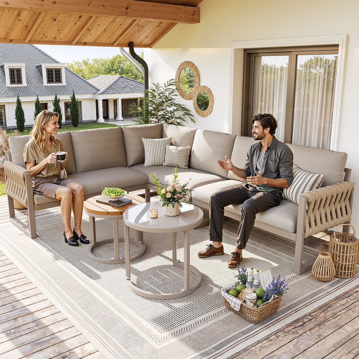 Tuinset met verstelbare poten, waterafstotende & afneembare kussens, tuinloungeset voor 5-6 personen, modulair voor balkon tuin terras, inclusief alle zit- en rugkussens, beige