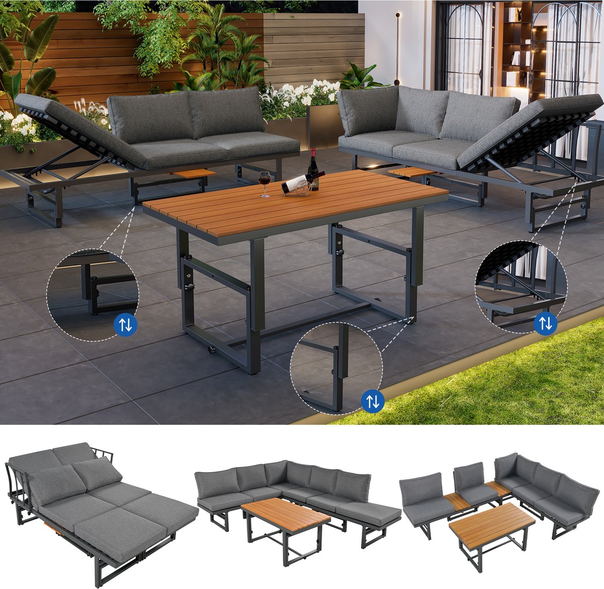 Tuinmeubelset, grijs, 3-delige set met 2 banken, tafel, poedergecoat ijzeren frame, verstelbare rugleuning, acaciahout, verstelbare tafel, inclusief alle zitkussens en kussens