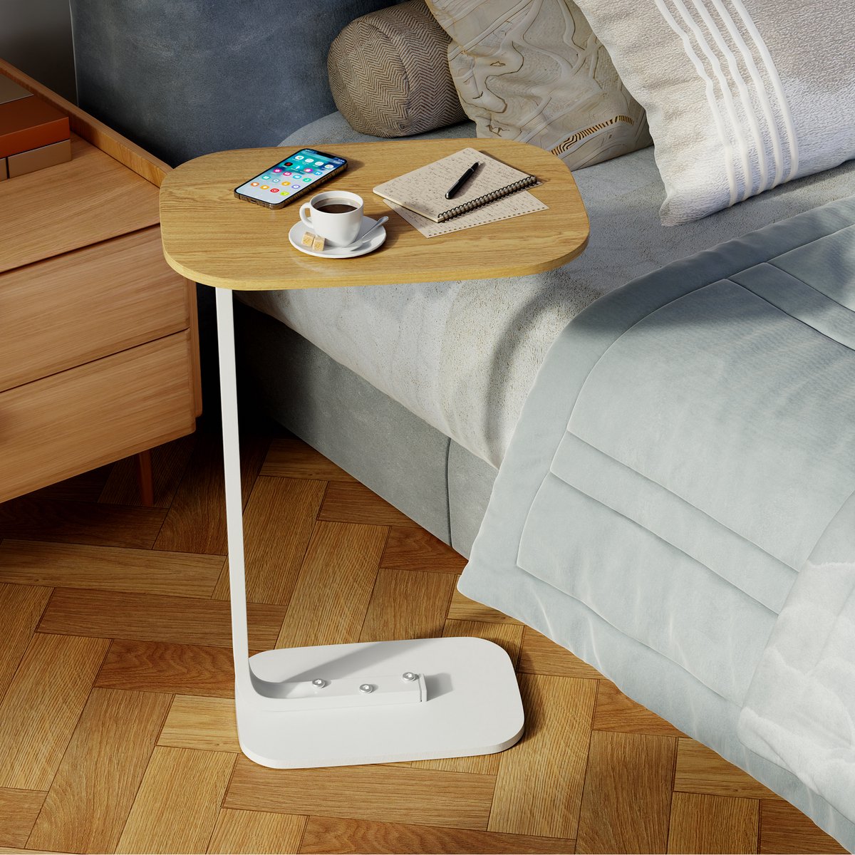 OKWISH Bijzettafels - C‑Vormige Bijzettafel Met Houten Blad En Metaal Onderstel - Sidetable Voor Sofa Of Nachtkast - Verplaatsbare moderne bijzettafel - Bruin - 28 *39 cm - 57.5 cm Hoog