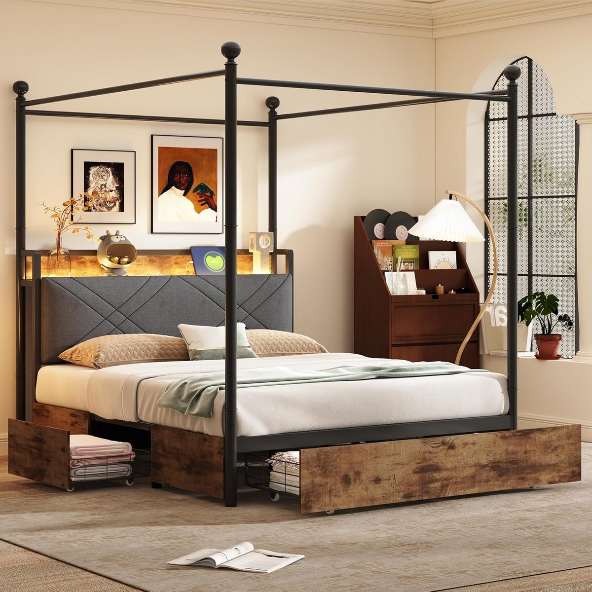 Tweepersoons bedframe met opklapbaar hoofdeinde en LED-verlichting