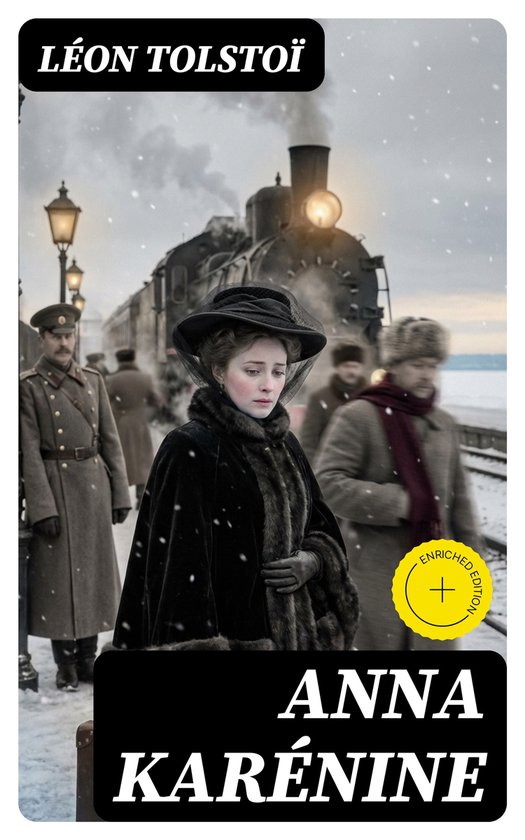Une femme en robe noire et chapeau, avec un train et de la neige en arrière-plan. "Anna Karénine" et "Léon Tolstoï" sont lisibles sur la couverture.