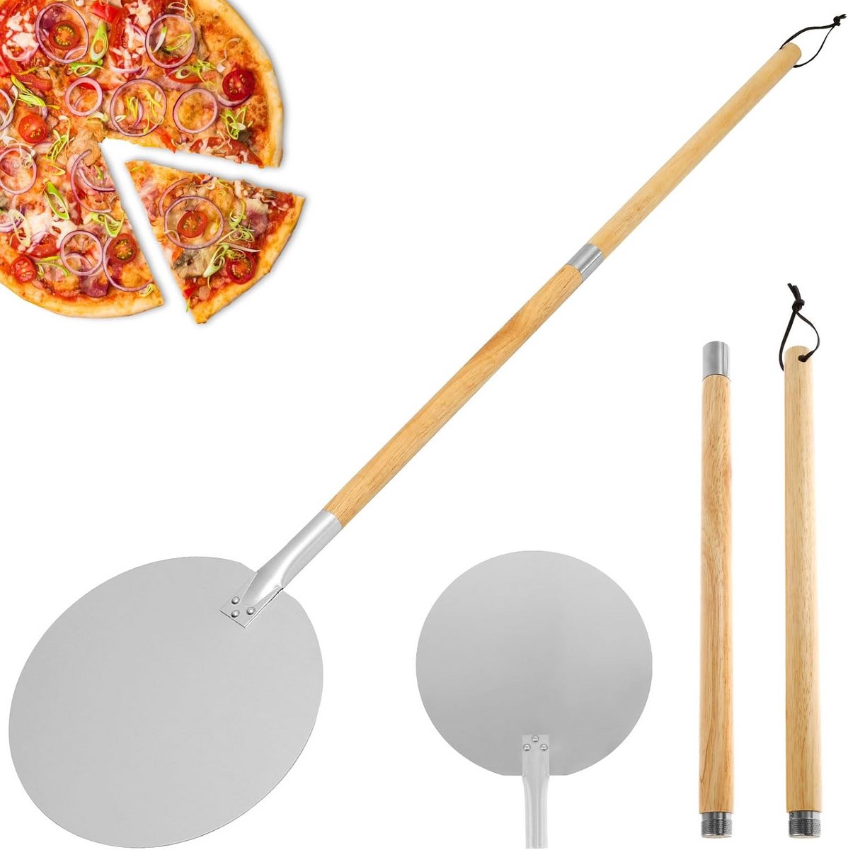 Ronde pizzaschep van aluminium met lange, verstelbare handgreep