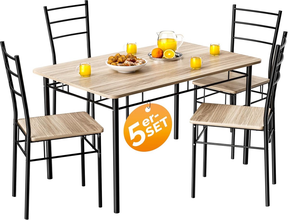 Eetkamerset Tafel met 4 Stoelen Industrieel Modern Licht Eikenhout en Zwart Metaal