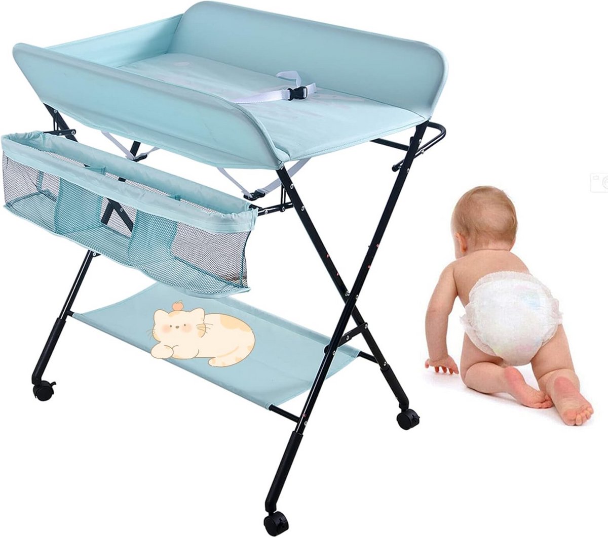 Inklapbare Baby Verschoontafel met Wielen en Opbergruimte