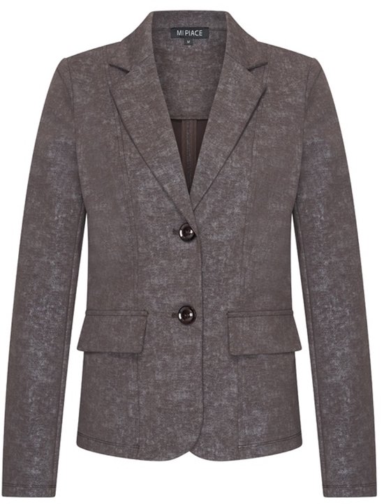 Een donkerbruine blazer met een subtiele glanzende finish en twee knopen aan de voorkant.