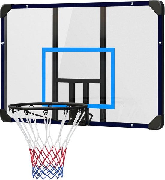 Transparant basketbalbord met wit, rood en blauw net en donkerblauwe rand.