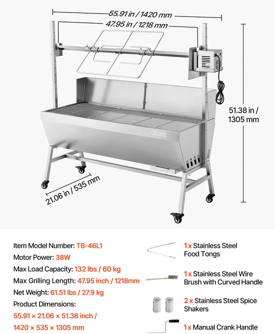 VEVOR Rotisserie Grill 38W Speenvarken Grill Lam Grill Houtskool Grill (1218 mm Grilllengte) met 60 Kg Draagvermogen & Wielen & 4-Voudige Hoogteverstelling & Beschermhoes, Elektrische Grillset Voor Kamperen van Merkloos — afbeelding 2