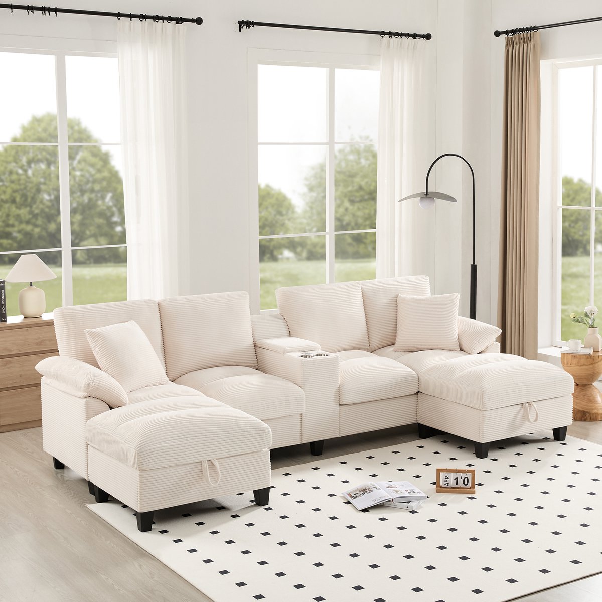 MIVRAY U-Bank – Met Opbergruimte, Usb Aansluitingen En Bekerhouder – Voor Woonkamer En Appartement – Cord Beige Grijs