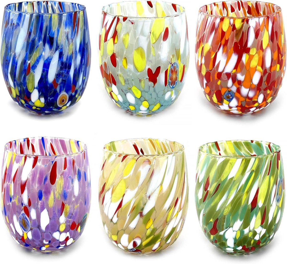 Set van 6 handgemaakte waterglazen van mondgeblazen glas - kleurrijk en vaatwasmachinebestendig
