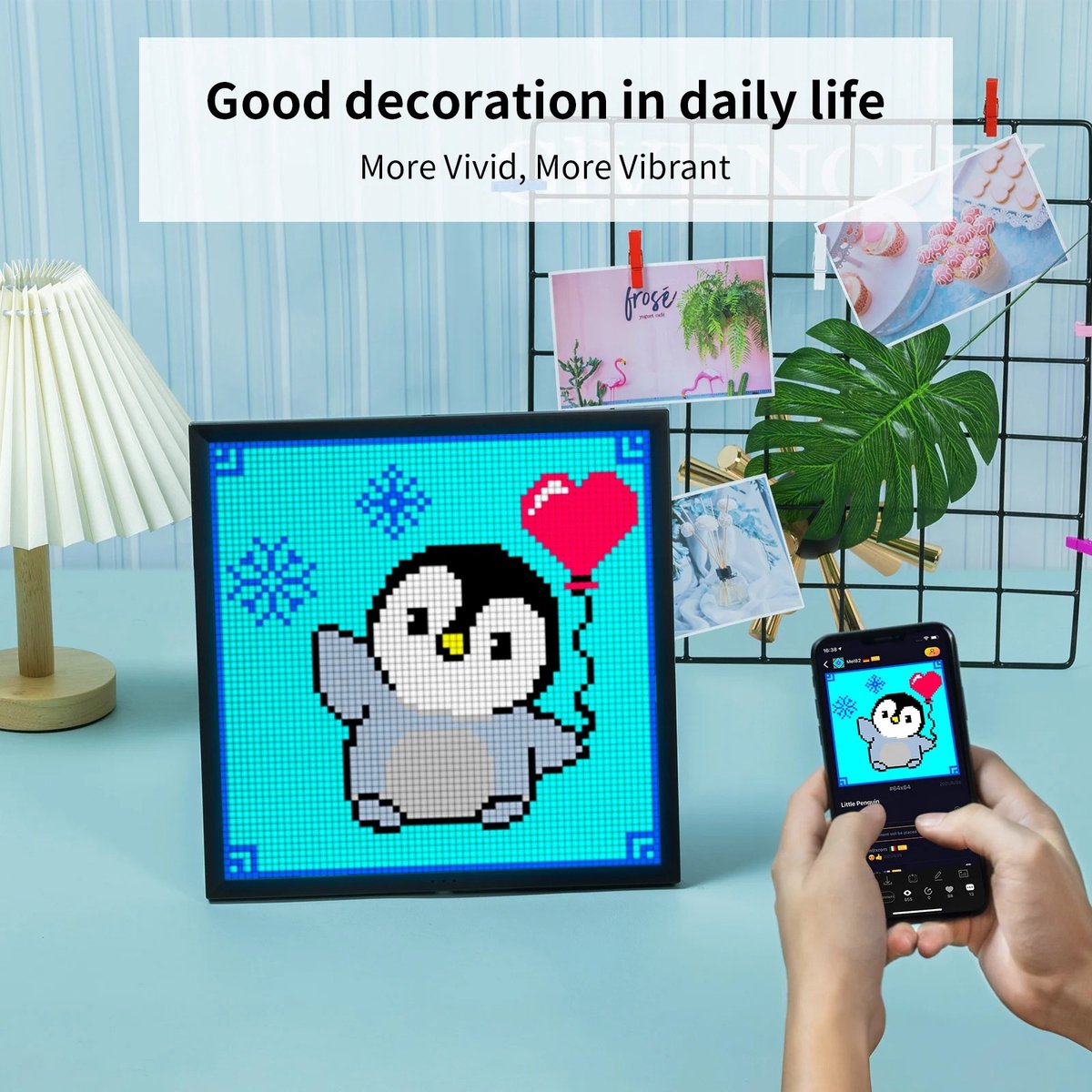 HOB Digitale Pixel Art Frame - Agenda – Pixel Display – WiFi-verbinding – LED-scherm – App – Muziekvisualisatie – Klok & weerfunctie – Gaming & kamerdecoratie – USB-voeding — cadeau in Gadgets - foto 5