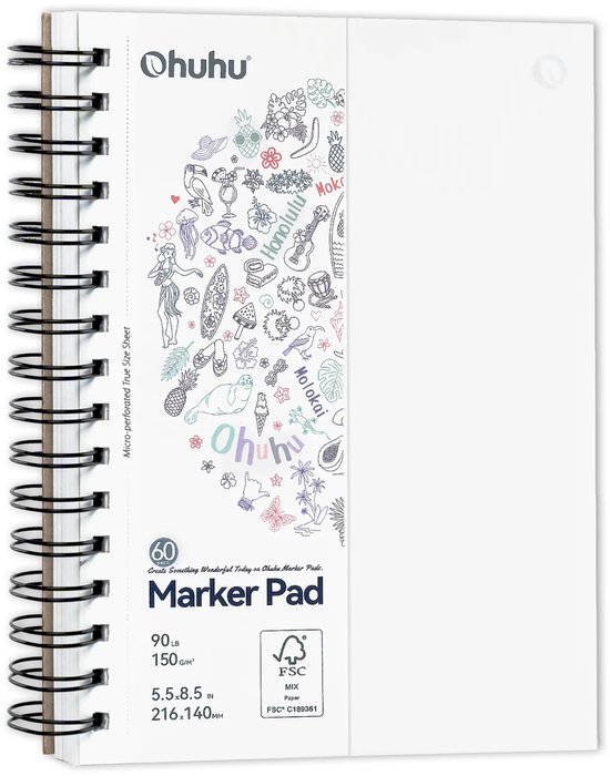 Ohuhu Bleedproof dubbelzijdig Alcohol marker papier spiraalblok 14,0 x 21,6 cm – 60 vellen