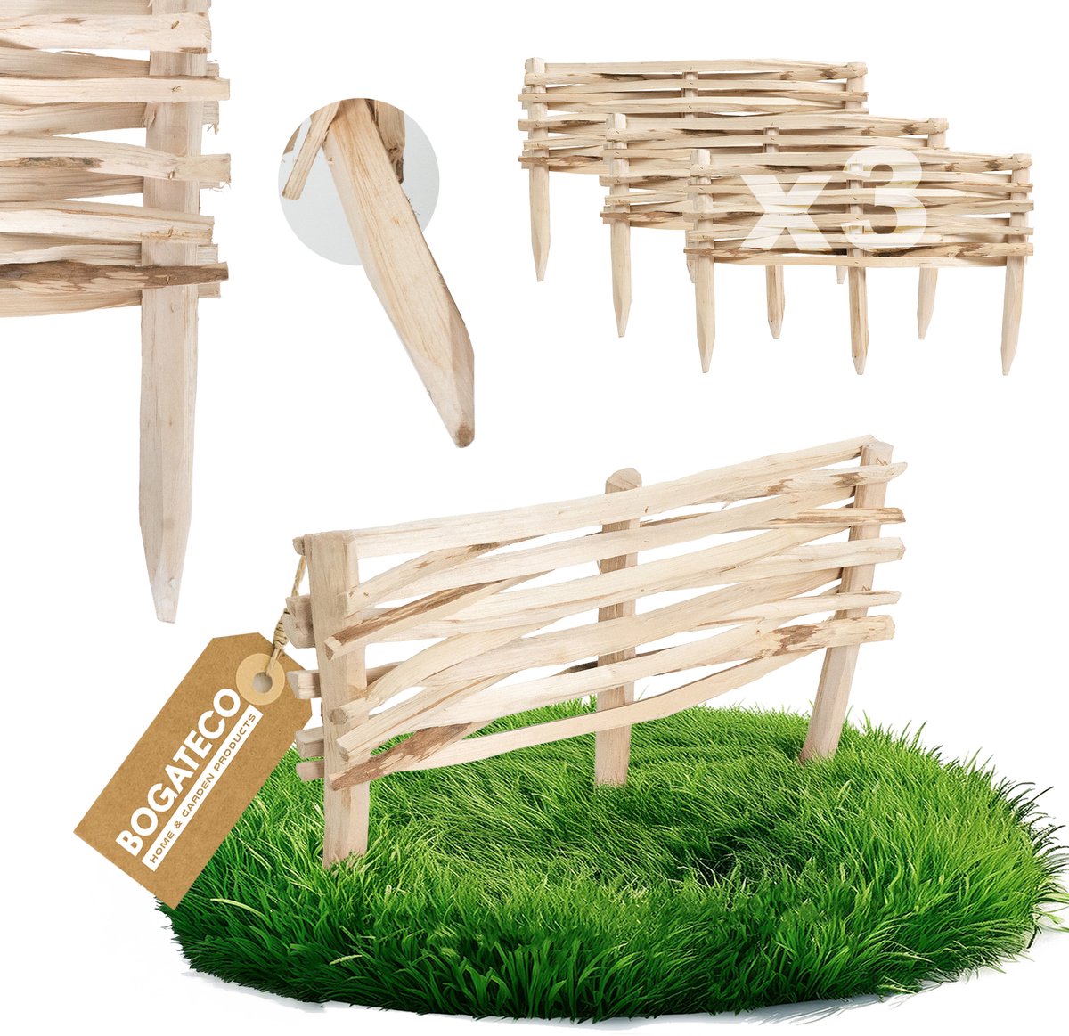 BOGATECO Hazelnoot Insteekhek Set van 3 - 60 x 20 cm - Tuinhek & Bedborder - Natuurlijk Pikethekwerk - Natuurlijk
