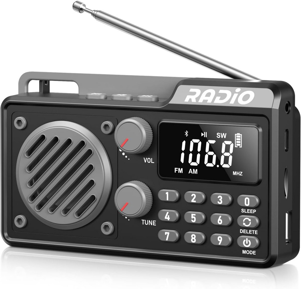 Draagbare AM/FM/SW Radio met Bluetooth en Oplaadbare Batterij - Muziekspeler met USB/SD/AUX