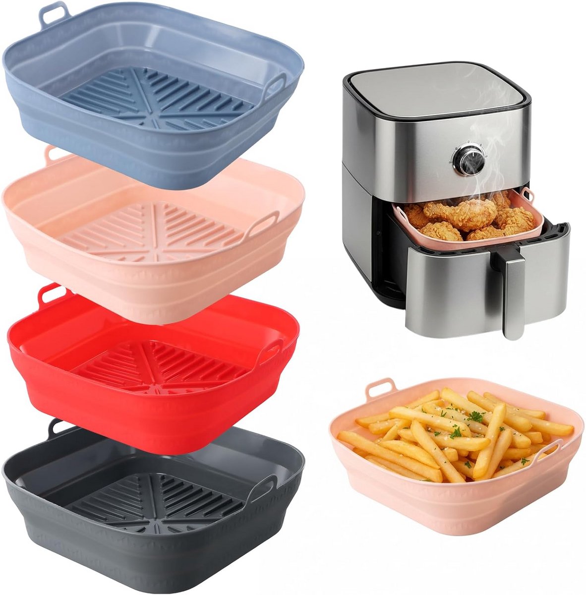 Set van 4 Vierkante Siliconen Airfryer Bakvormen - Opvouwbaar en Vaatwasserbestendig