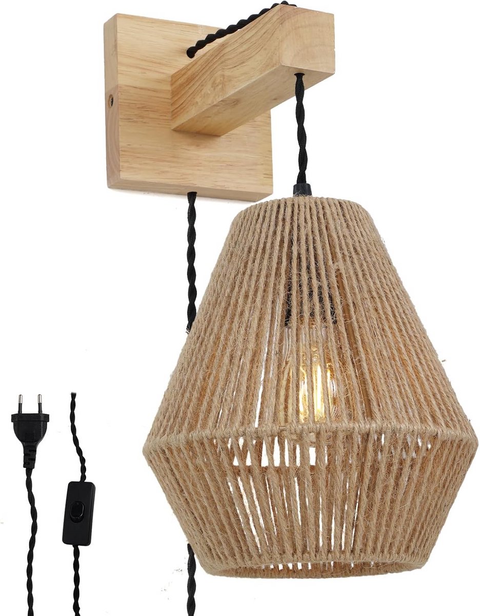 Wandlamp met Textielkabel en Houten Montage, In Hoogte Verstelbaar, Boho Stijl, Handgemaakt