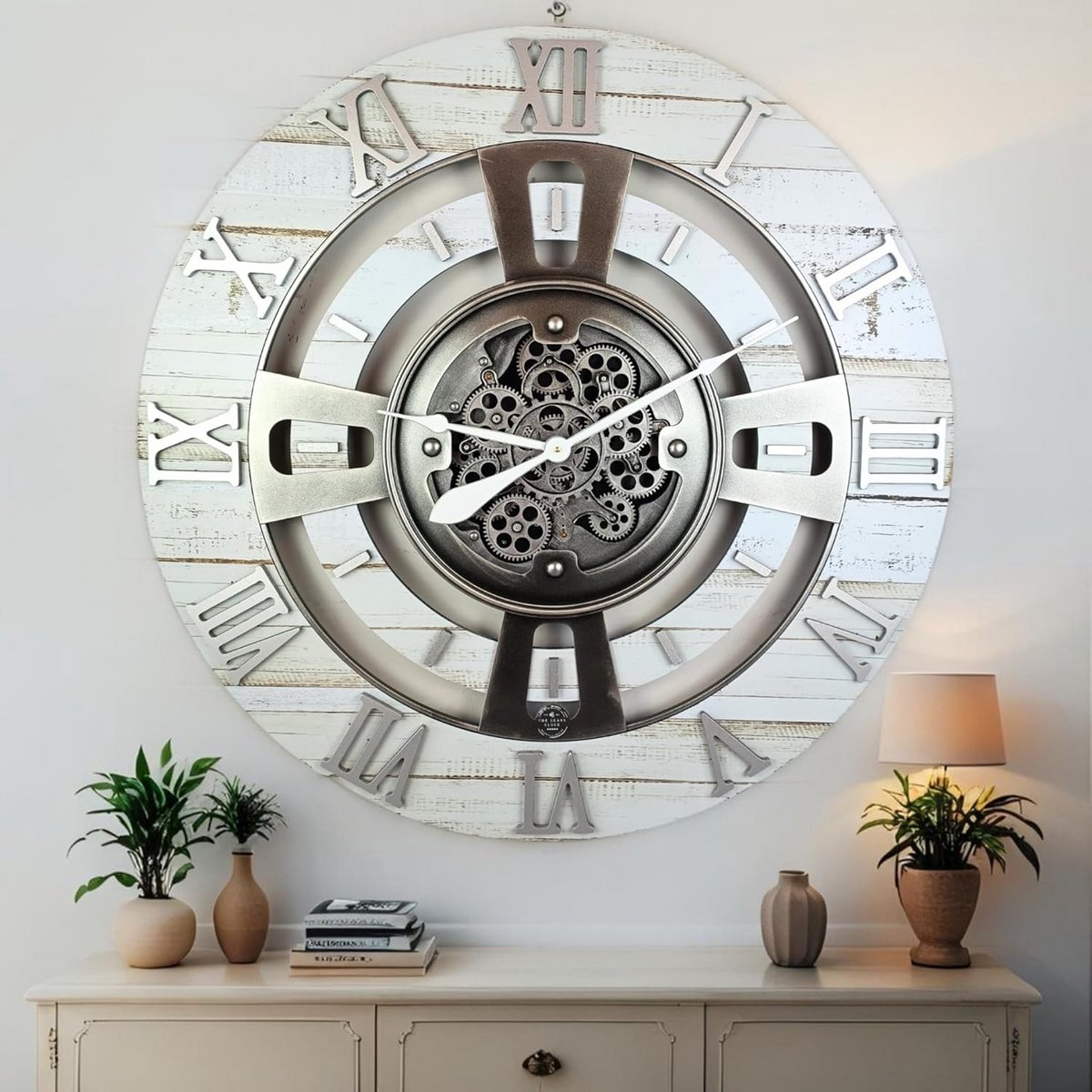 Grote Wandklok met Echte Bewegende Tandwielen 90 cm Industrieel Vintage Design