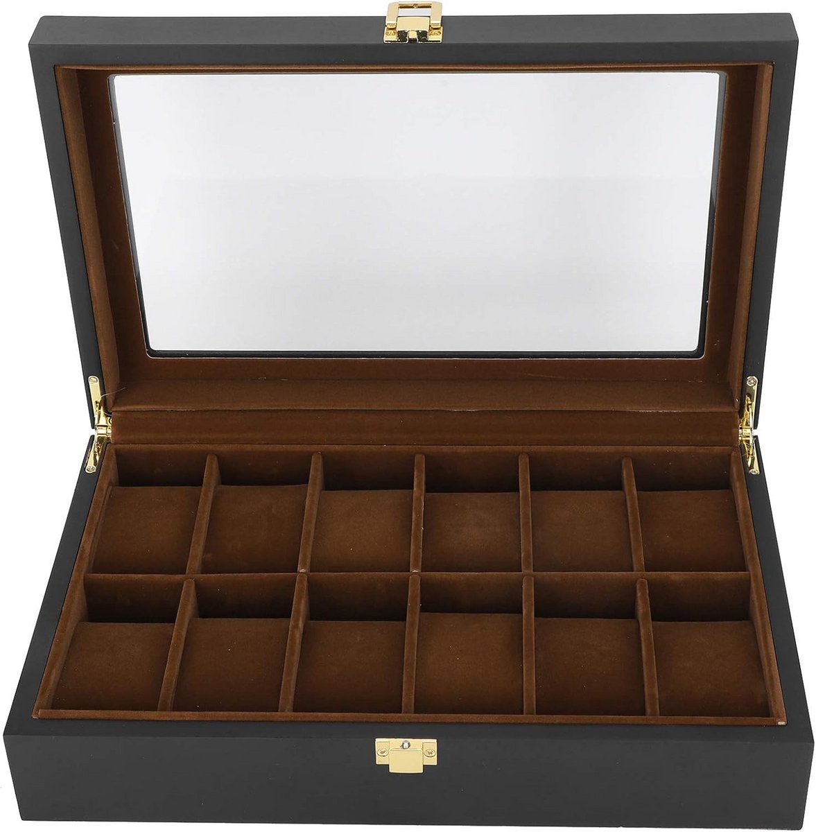 Luxe Houten Horlogedoos met 12 Vakken en Glazen Deksel - Voor Collectie en Cadeauverpakking