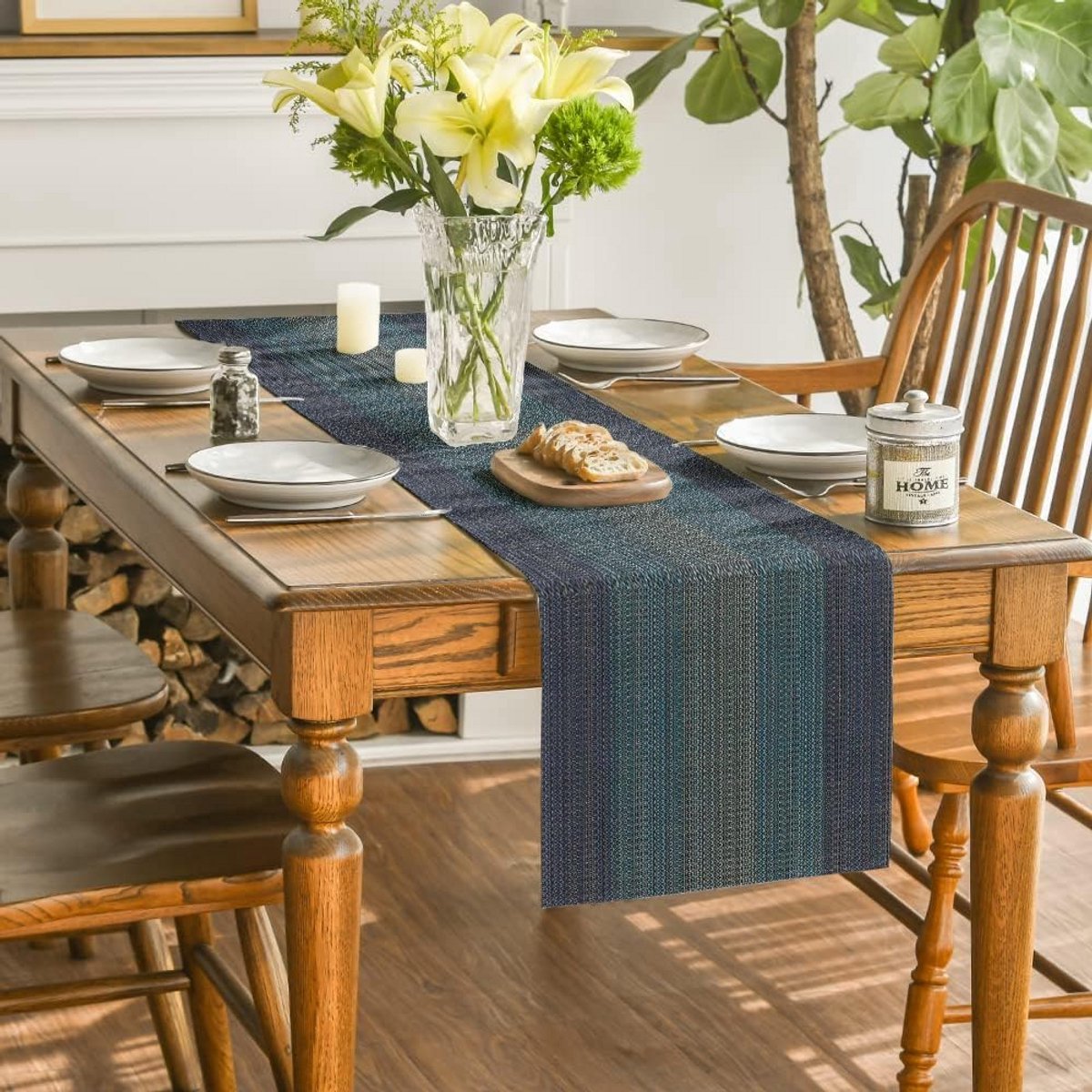 Set van Tafelrunner 40x100 cm Modern Linnenlook Zwart Grijs Petrol Vlekbestendig