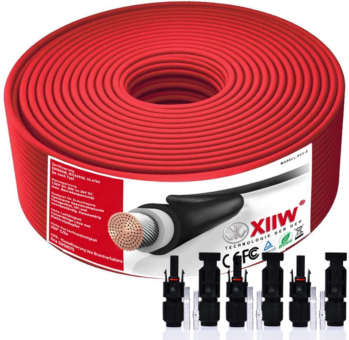 50m Zonnepaneel Verlengsnoer 6mm² Rood met 30A Stekker voor Balkonkrachtcentrale