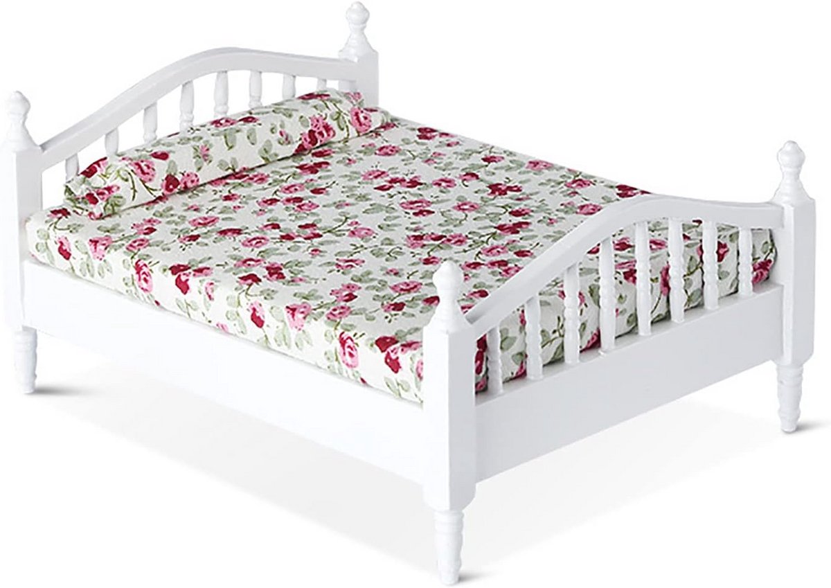 Miniatuur Tweepersoons Poppenbed 1:12 Houten Poppenhuis Meubel met Bloemenprint